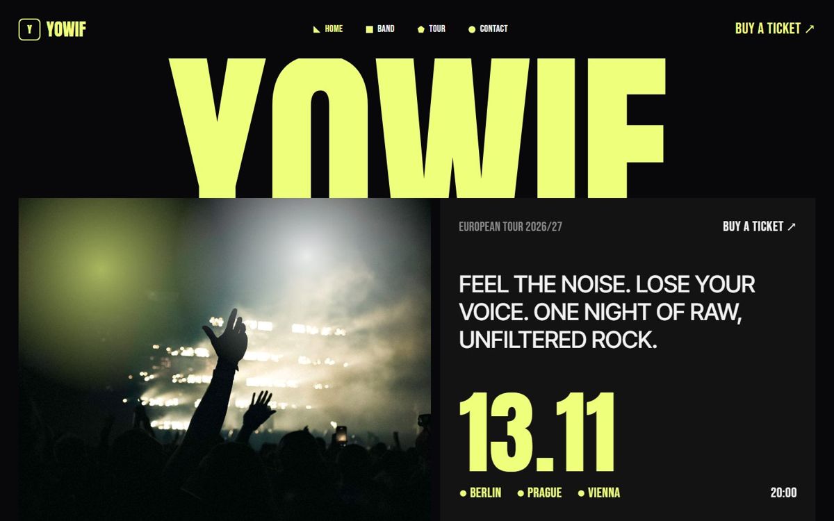 YoWif home page: big yellow title over a concert photo